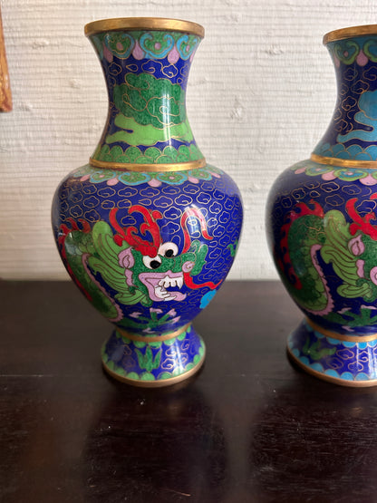 Chinese Enamel Cloisonne Brass Dragon Vases