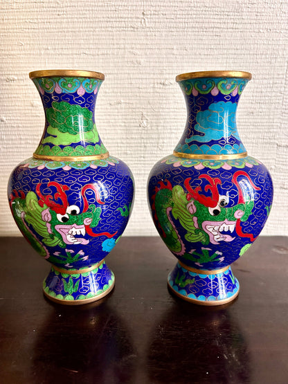 Chinese Enamel Cloisonne Brass Dragon Vases